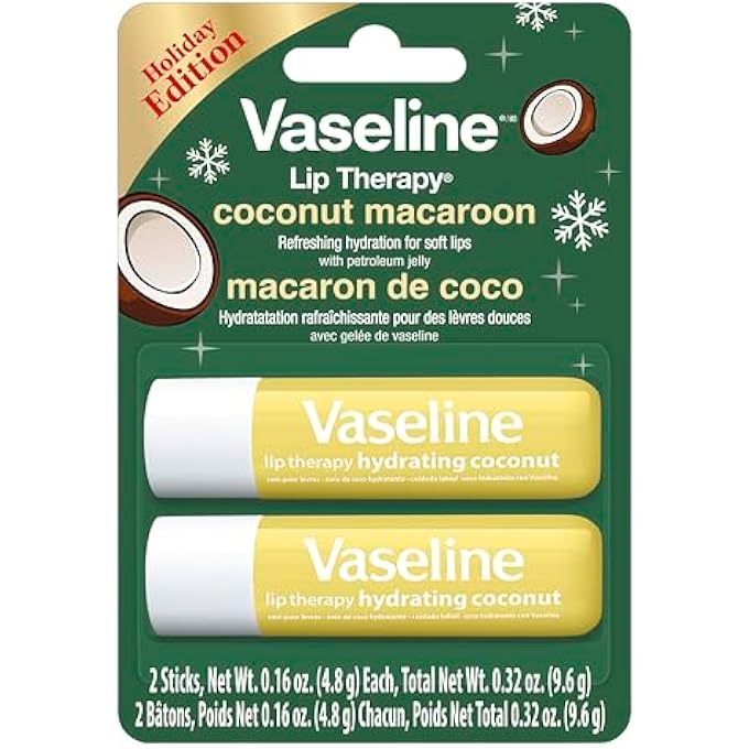 Vaseline LIP THERAPY HOLIDAY EDITION COCONUT MACAROON, REFRESHING HYDRATION WITH PETROLEUM JELLY, 2 PACK WITH 4 STICKS, 0.16 OZ EACH - Image 2